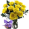 One Dozen 'Yellow Roses' Flower Bouquet with Godiva Chocolate Truffles
