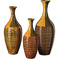 Light Mocha, Blue, Grey and Caramel Brown Ribbed Glaze Ceramic Vases (Set of 3)