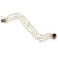 14k Yellow Gold Amethyst and FW Pearl 3-row Estate Bracelet (5.5 mm)