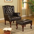 Dark Brown Faux Leather Wing Chair and Ottoman