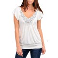 Stanzino Women's Ivory Sequined Neckline Short Sleeve Top