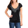 Stanzino Women's Black Sequined Neckline Short Sleeve Top