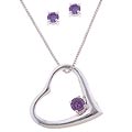 Icz Stonez Silver Purple CZ Earring and Heart Pendant Set