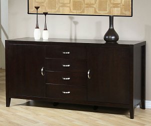 Dark wood modern buffet with modern silver handles on hardwood floor