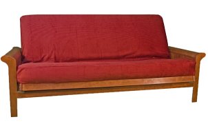 Wood frame futon with red mattress
