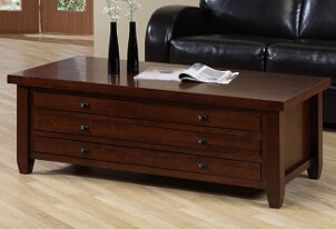Dark wood coffee table on light hardwood floor