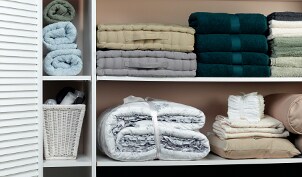 Closet shelving holding bath towels