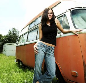 Woman wearing straight-leg jeans