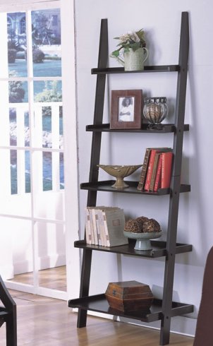 Ladder style bookshelf in a living room