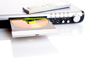 Silver DVD player with a disc in the tray