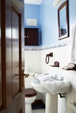 Blue and white bathroom with a pedestal sink
