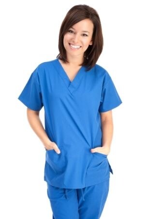 Woman wearing blue scrubs