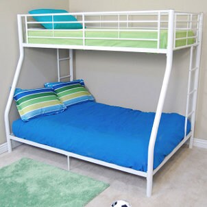 White metal kid's bunkbed bright green and blue blankets and pillows