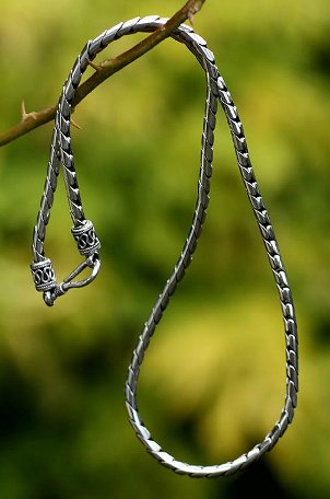 Beautiful sterling silver necklace hanging from a tree