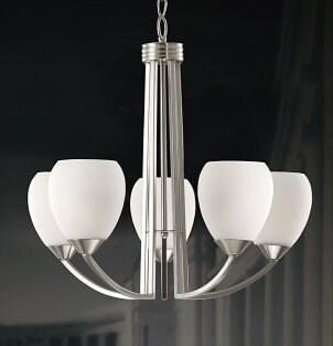 Contemporary chandelier hanging in a dining room