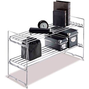 Office supplies on a chrome wire storage rack