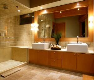 Twin porcelain sinks in a modern bathroom