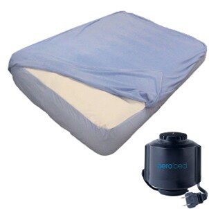 Airbed with blue sheets