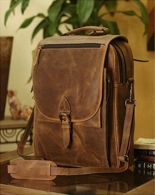 Brown distressed leather messenger bag