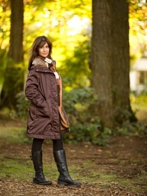 Woman wearing faux fur coat