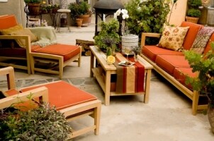 Relaxing patio with a beige outdoor rug