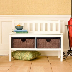 Wooden bench with storage baskets
