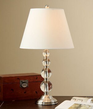 Bright table lamp with a white shade, stand made of crystal spheres, and a brushed nickel base