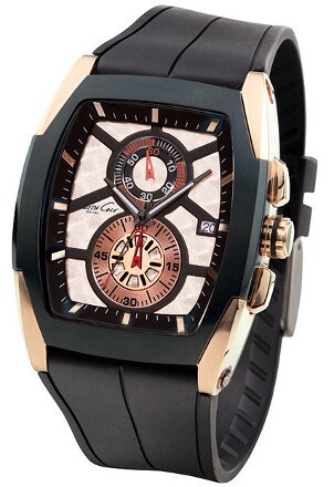 A sporty chronograph watch with a black rubber watchband, gold accents and rich hues