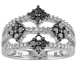 An ornate and unique black diamond ring with white diamonds and a cluster setting