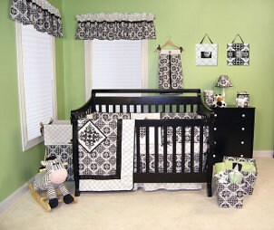 Baby nursery furniture in a black and white nursery