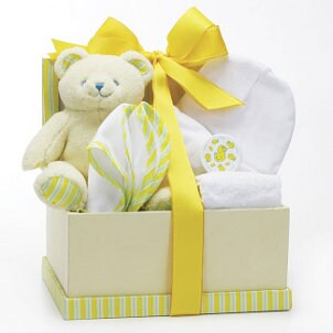 Green and yellow baby shower gift box with teddy