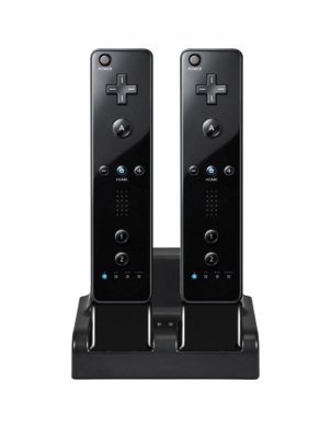 Twin black Wii remotes in a charging station