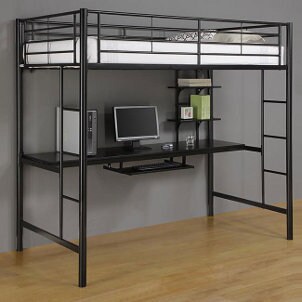 Black metal loft bed with computer workstation underneath