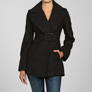 Woman wearing a black Jessica Simpson outerwear coat