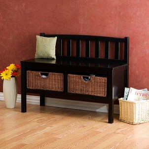 An attractive bench with storage basket bins