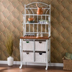 White wicker kitchen storage shelves with baskets
