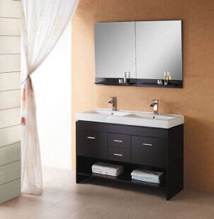 Double sink espresso colored bathroom vanity