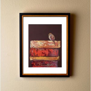 Framed contemporary art print features a bird on a stack of books
