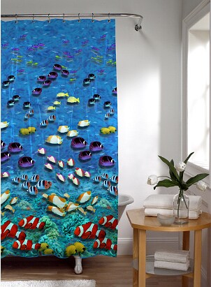 A colorful shower curtain makes bathtime fun