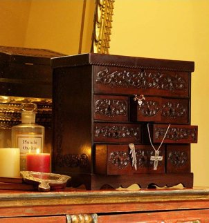 Ornate carved wood chest of drawers jewelry box