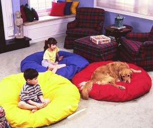 Two kids and a dog relaxing on living room bean bags