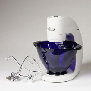 White kitchen mixer with blue glass bowl
